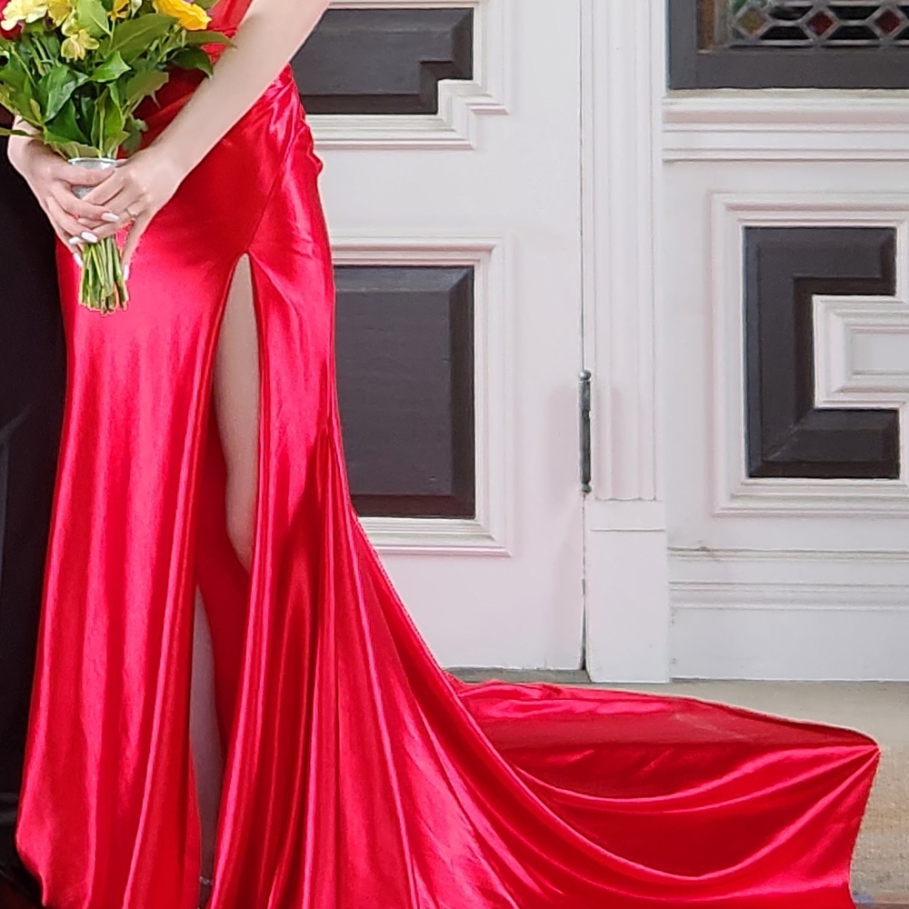 Red Satin Gown with Rose Accents - Sherri Hill - Picture 8 of 11